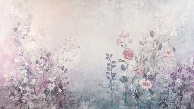 Fototapeta Abstract embroidery-inspired wallpaper with loosely stitched floral patterns on a velvet background
