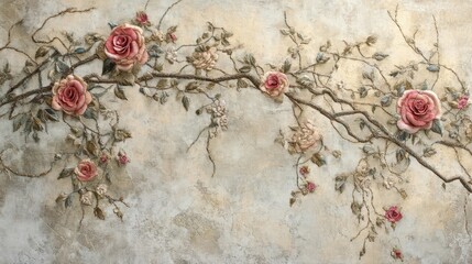 Vintage floral wallpaper with embroidered roses and ivy vines on rustic linen fabric