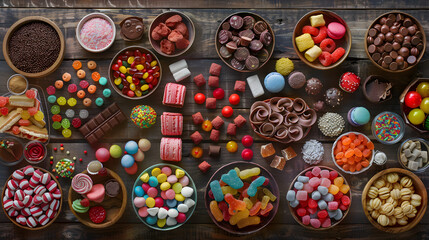 Colorful Assortment of Sweets and Candies on Rustic Wooden Table