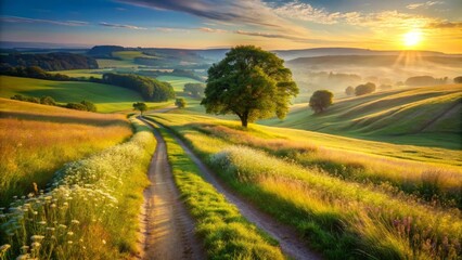 Obraz premium Serene Sunrise Over Rolling Hills, A Picturesque Dirt Road Winds Through Lush Meadows Bathed in Golden Sunlight, A Solitary Tree Stands Sentinel