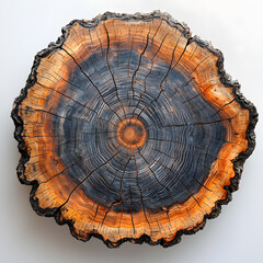 Tree Rings, Cross Section top view isolated on white. Wood cut	