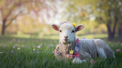 Obraz premium Peaceful Lamb with Flowers, Spring Blossom, serene lamb with spring flowers