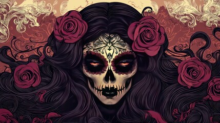 A decorative illustration of a beautiful lady with a skull face