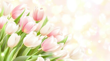 Obraz premium Soft Embrace of Spring: Delicate pink and white tulips burst forth in a vibrant bouquet, their velvety petals bathed in a warm, ethereal glow.