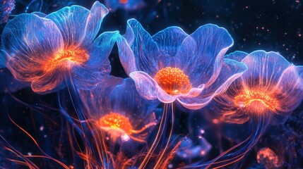 Obraz premium Surreal botanical wallpaper with glowing flowers and neon petals against a cosmic horizon background
