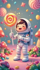 Naklejka premium Joyful Child Astronaut Holding Lollipop in Colorful Candy Land