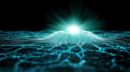 Abstract digital landscape with glowing light emanating from a central point, creating a futuristic, ethereal atmosphere. Network of interconnected nodes forms a textured surface.