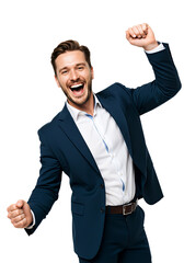 Happy male employee dancing and celebrating, isolated