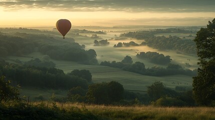 Hot air balloon floats over mist-covered valley at dawn with golden sunlight