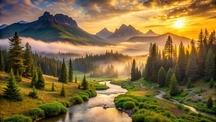 Obraz premium Golden Hour Serenity A River Flows Through a Misty Mountain Valley at Sunrise, Bathed in Warm Sunlight