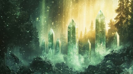 Obraz premium Otherworldly gemstone forest backdrop with emerald trees and aurora mist flowing through a glowing mineral landscape