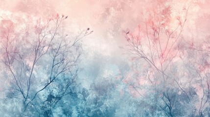 Abstract nature wallpaper with glowing crystalline trees and watercolor textures in ice blue and pink hues
