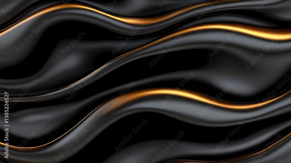 Fototapete Abstract image of flowing black and gold fabric with wave like patterns. Luxurious and elegant, with a smooth, shiny texture. The gold highlights add a touch of opulence.