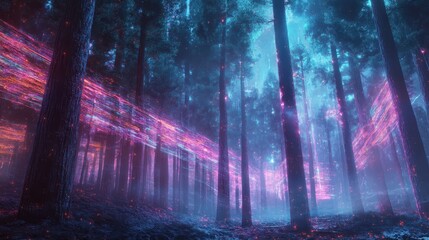 Naklejka premium Cyber forest wallpaper with trees of wood and shifting holographic textures glowing with energy lines