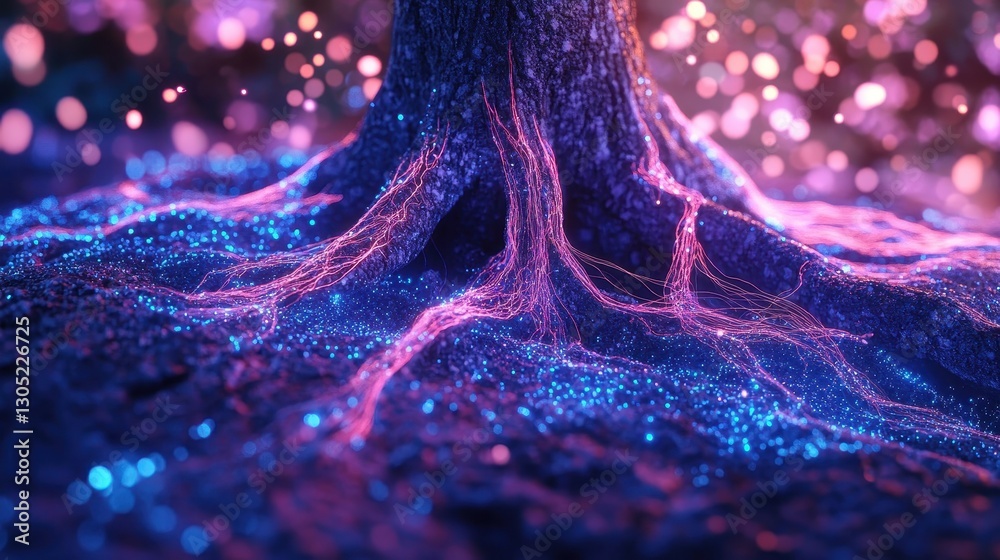 Canvas Prints sci-fi nature backdrop with tree roots transforming into fiber-optic cables and glowing leaves in mi