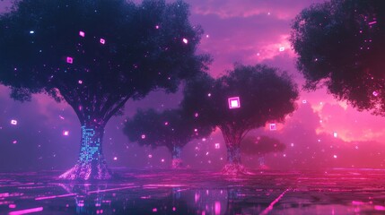 Fototapeta premium Cyber nature backdrop with glowing trees and pixel shards drifting across a neon twilight sky
