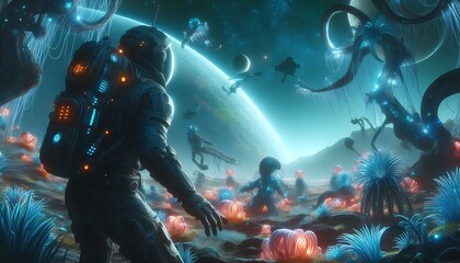 Futuristic Astronaut Exploring an Alien Planet with Glowing Flora and Strange Creatures