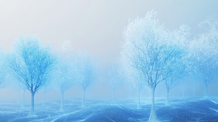 Fototapeta premium Minimalist cyber nature backdrop with glowing wireframe trees and pixelated distortions in mist