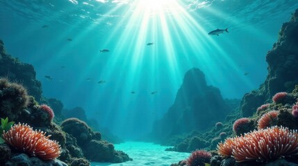 Obraz premium Sunbeams Illuminate Vibrant Coral Reef and Diverse Fish Life in a Serene Underwater Landscape