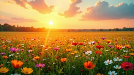 Obraz premium Golden Hour Meadow A Vibrant Tapestry of Blossoms Basking in the Sunset's Embrace