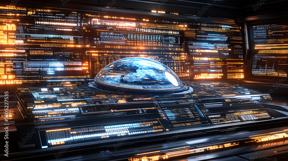 Poster exploring advanced data visualization technologies futuristic lab digital display high-tech environm