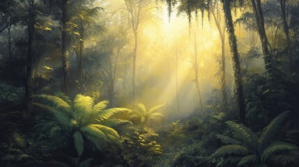 Obraz premium Prehistoric jungle wallpaper with towering ancient trees and misty golden light filtering through the humid air