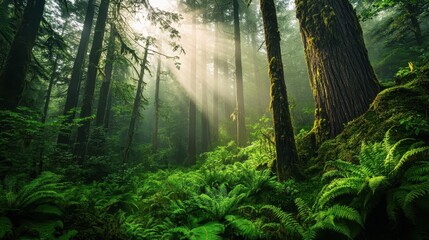 Fototapeta premium Dinosaur-era forest wallpaper with lush ferns and moss-covered trees under soft sunlight creating a golden haze