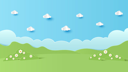 Fototapeta premium Vector illustration of park scenery with mountain and cloud sky on a sunny day. Paper cut and craft style illustration