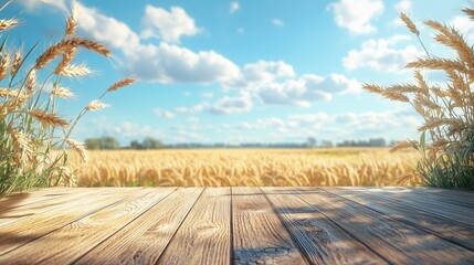 There are two golden wheat ears on the wooden floor, with a wheat field and blue sky. 8