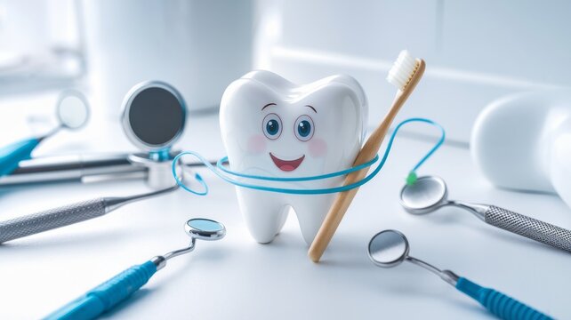 smiling tooth cartoon dental instruments