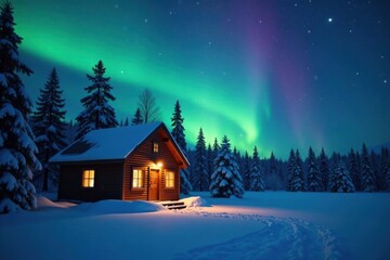 Fototapeta premium Secluded Cabin Illuminated Underneath a Vibrant Aurora Borealis Display in a Snowy Forest
