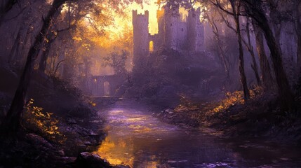 Naklejka premium Ancient woodland background with golden light purple shadows and a stream