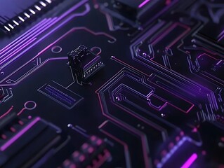 Advanced Futuristic Circuit Board Design with Glowing Violet Pathways