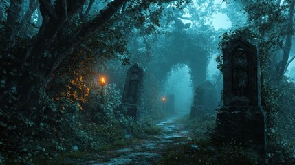 Atmospheric backdrop with ivy-covered stones and glowing torchlight in mist