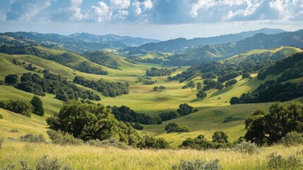 Fototapeta premium Serene landscape of rolling green hills and valleys under a partly cloudy sky. Lush greenery and distant mountains create a picturesque view.