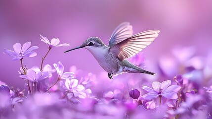 Naklejka premium Hummingbird in Flight Among Purple Flowers