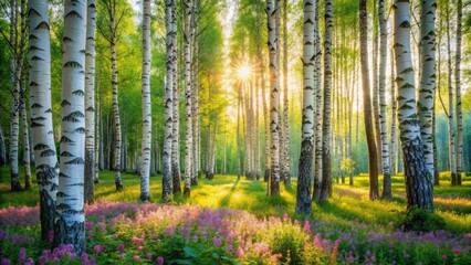 Fototapeta premium Serene Birch Forest bathed in golden sunlight, wildflowers carpeting the forest floor, creating a magical, peaceful atmosphere.