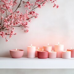 Elegant Floral Arrangement with Candles in Soft Pastel Tones on Simple White Shelf