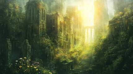 Obraz premium Ethereal ruined city backdrop with moss-covered rooftops wildflowers and golden beams