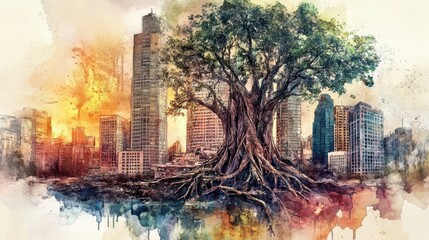 Fototapeta premium Nature-reclaimed city wallpaper with tree roots decayed skyscraper and glowing sunset