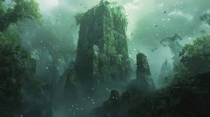 Atmospheric overgrowth wallpaper with crumbling tower and bioluminescent spores in air