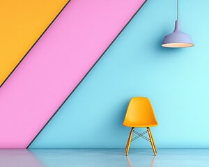 Brightly Colored Interior with Yellow Chair and Pendant Light Against Geometric Wall Design