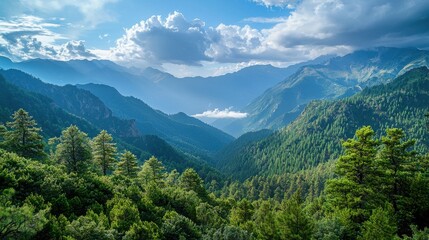 Fototapeta premium Majestic mountain range under a partly cloudy sky. Lush green forests cover the lower slopes, creating a breathtaking view of nature's beauty.