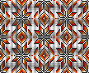 Southwest Native American Aztec beads motif white Pattern. Tribal beaded geometrics in red, orange, yellow, white seamless pattern.