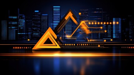 Futuristic Cityscape with Geometric Shapes and Neon Lights Displaying Digital Data Trends