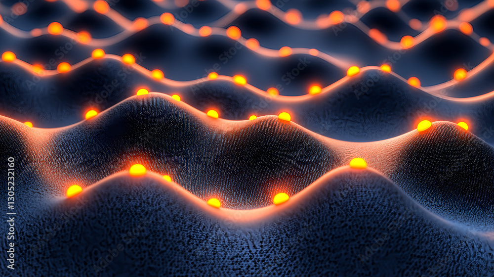 Poster dynamic wave patterns with illuminated nodes abstract digital art studio environment close-up view f