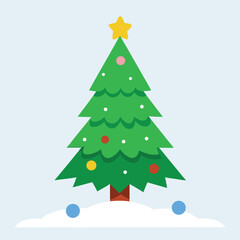 Decorated Christmas Tree in Winter Snow Scene.