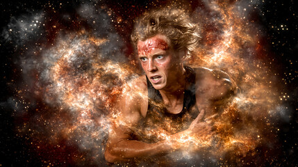 Dynamic sprinting athlete in cosmic space action shot athletic environment energetic viewpoint science fiction concept