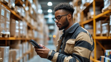 Young Man Checking Inventory Inside a Warehouse With Shelves Stocked With Boxes
