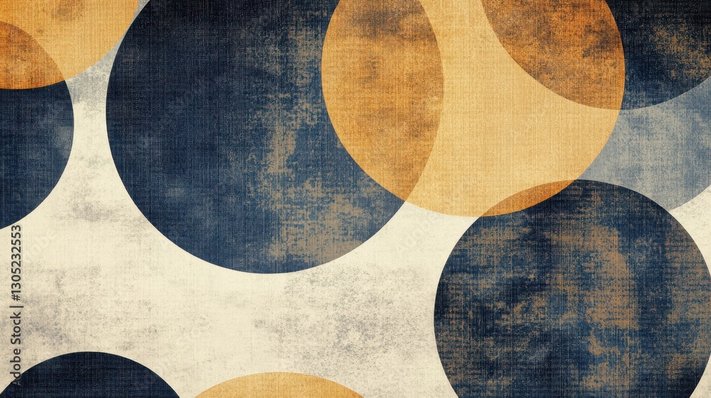 Wall mural mid-century modern backdrop with layered shapes soft glow and halftone pattern in amber and navy